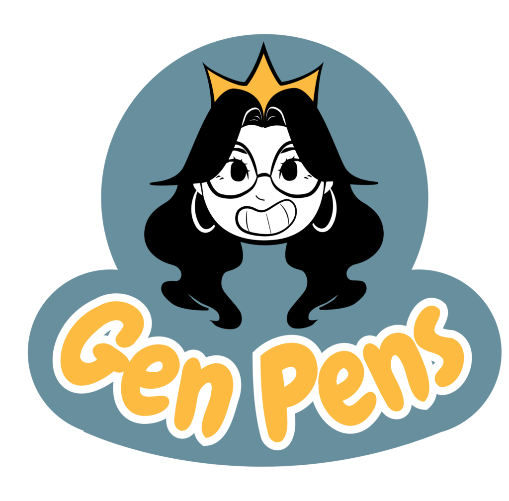 Gen-pens logo girl with glasses and hoop earrings. yellow crown and yellow text, surrounded with light blue background