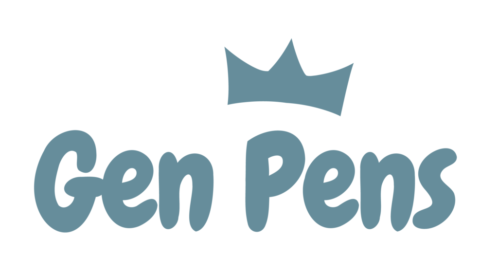blue gen pens logo with crown graphic above