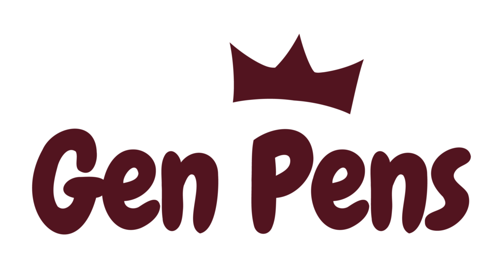 red gen pens logo with crown graphic above