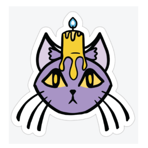 sticker with cat head with yellow candle on it, with very long whiskers