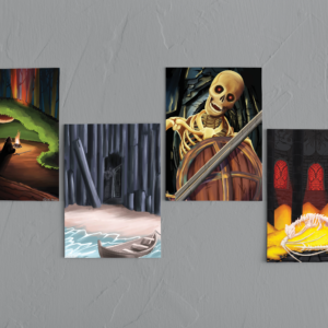 series of for posters on grey wall. first poster, person sitting at campfire sword next to them and backpack leaning a gens giant mushrooms holding up a layer of moss shielding the person by fire, surrounded by forest. second poster, beach with wood row boat in foreground. black cliffs with a cave being guarded by gargoyle. third poster, with aged slightly yellow skeleton holding wood shield and cracked sword. mouth open showing sharp canines and glowing red eyes,. fourth poster, of dragon skeleton laying on a pile of gold. surrounded by piles of gold coins with tall black pillars. red stained glass in the background surrounded by black stone walls.