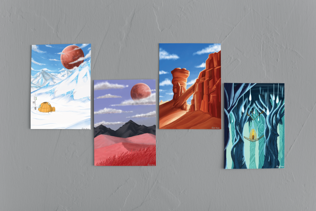 a series of four posters on gray wall. first poster is of a snow landscape. a orange tent in midground mountains in distance, red planet in sky. second poster of grass lands filled with red grass, black mountain in distance, red planet int sky. third poster of orange cliffs and distant sand dunes, small figure going between cliffs. fourth poster of cave with trees growing in to ceiling, every thing has a blue tint, yellow egg suspended between trees with rope bridge going across.