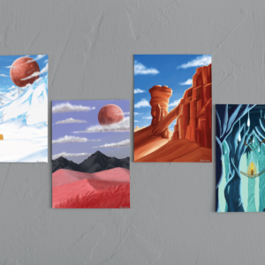 a series of four posters on gray wall. first poster is of a snow landscape. a orange tent in midground mountains in distance, red planet in sky. second poster of grass lands filled with red grass, black mountain in distance, red planet int sky. third poster of orange cliffs and distant sand dunes, small figure going between cliffs. fourth poster of cave with trees growing in to ceiling, every thing has a blue tint, yellow egg suspended between trees with rope bridge going across.