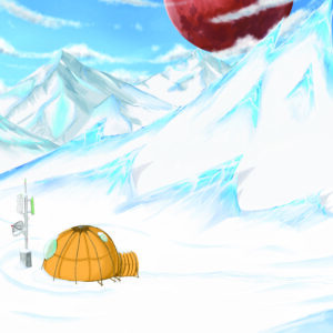 print of a snow landscape. a orange tent in midground mountains in distance, red planet in sky