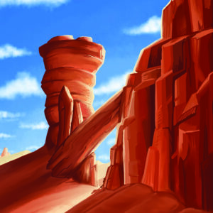 print of orange cliffs and distant sand dunes, small figure going between cliffs.