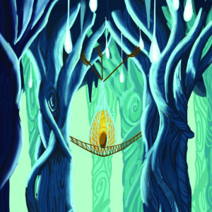 print of cave with trees growing in to ceiling, every thing has a blue tint, yellow egg suspended between trees with rope bridge going across