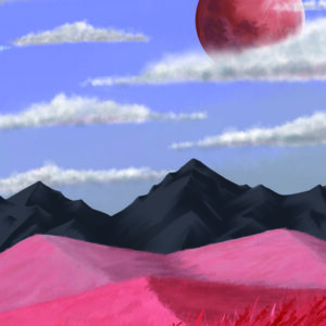 print of grass lands filled with red grass, black mountain in distance, red planet int sky.